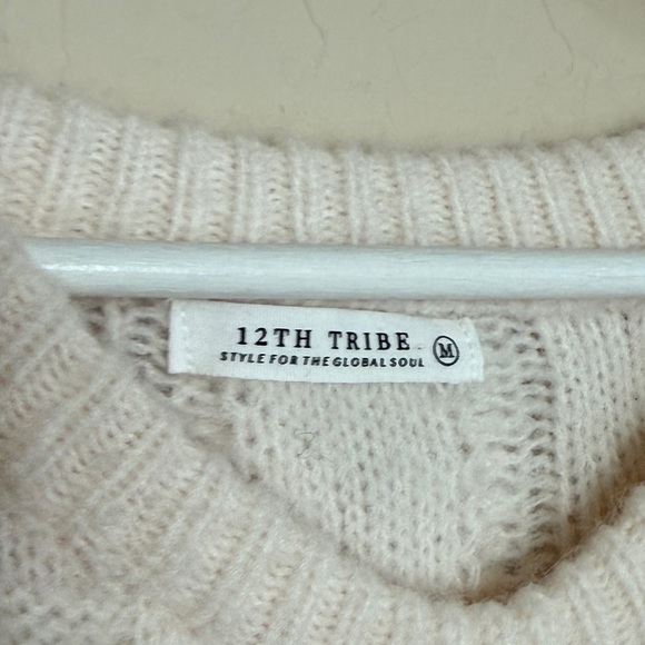 12th Tribe Lorie Beige Fringe Sweater Boho Oversized Crewneck Sweater Women’s M - Picture 6 of 12